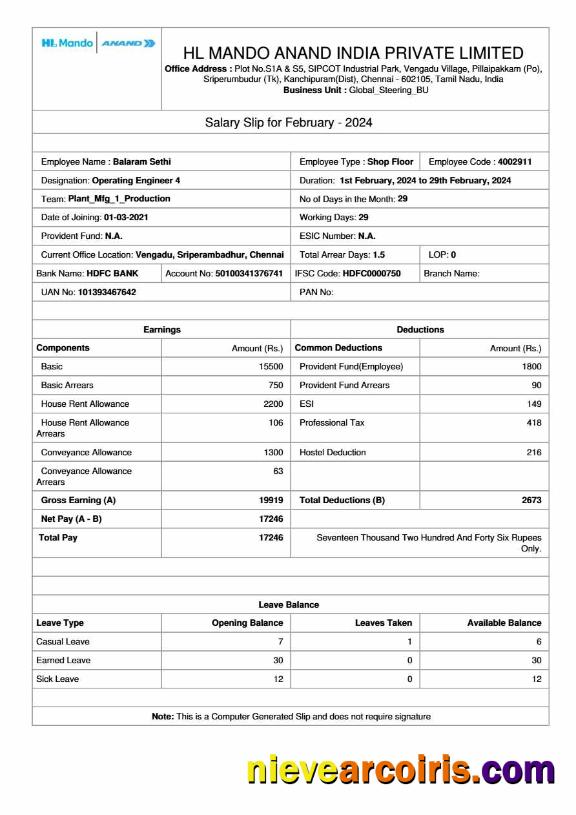 HL Mando Anand India manufacturer salary slip